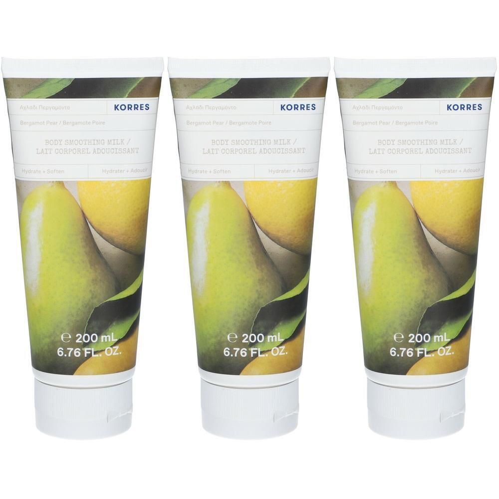 Drie tubes Korres Bergamot Peer Bodylotion met afbeeldingen van peren en citrusvruchten.