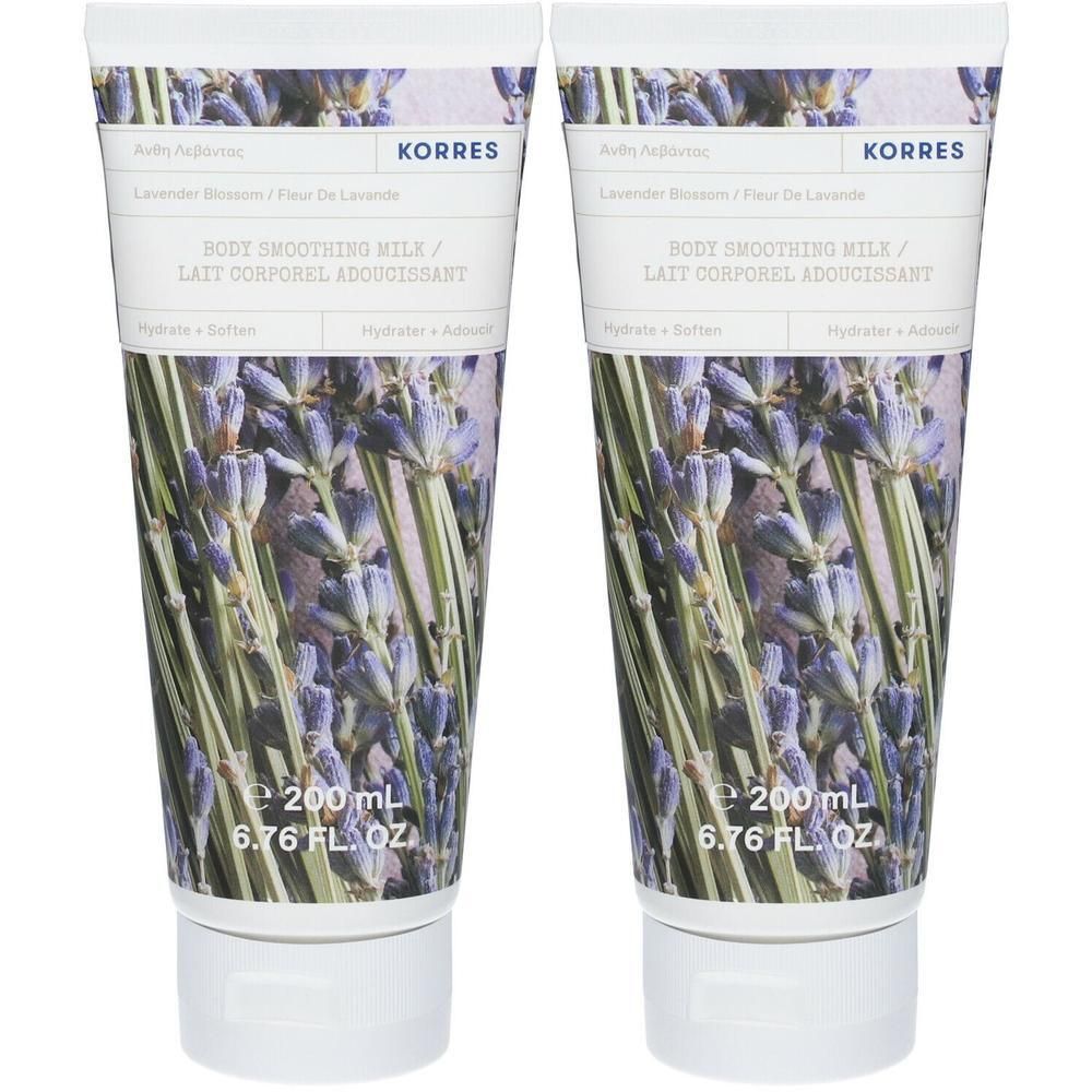 Deux tubes de Lait Corporel Adoucissant Korres Fleur de Lavande, motif lavande. 200 ml chacun.