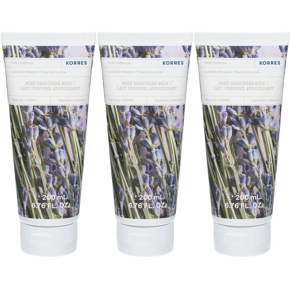 Trois tubes de Lait Corporel Adoucissant Korres Fleur de Lavande, motif lavande. 200 ml / 6.76 FL.OZ.