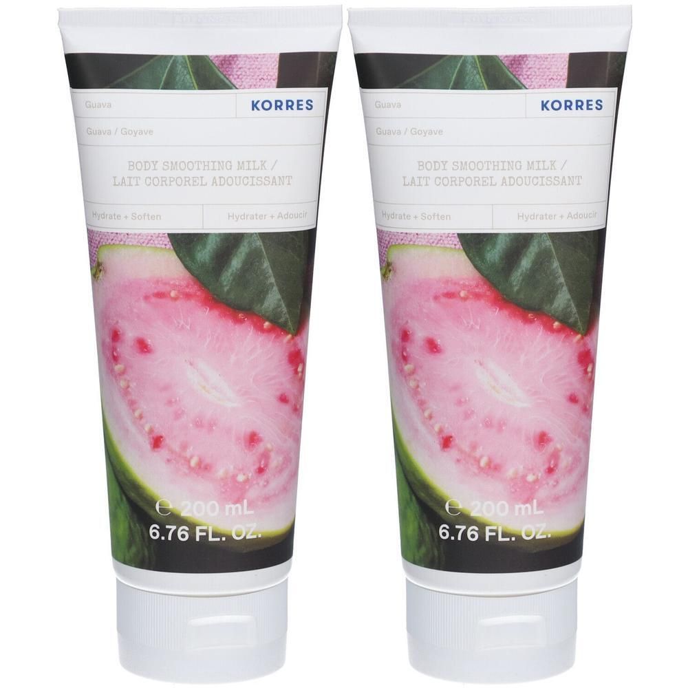 Twee Korres bodylotion flacons met guave-afbeelding. 200 ml.