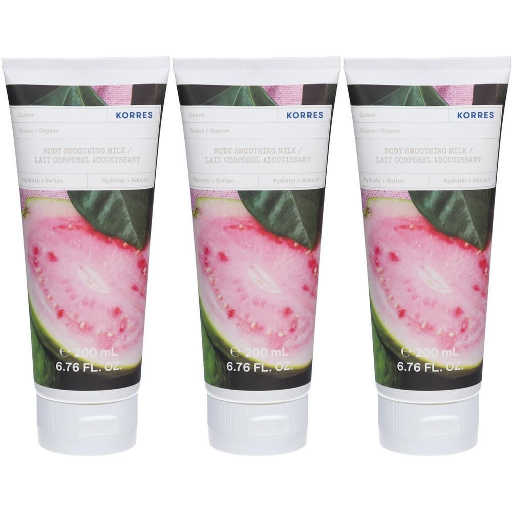 Trois tubes de Lait Corporel Adoucissant Korres à la goyave. Chacun 200 ml.