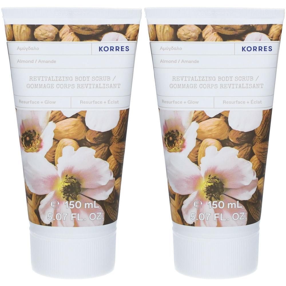 Deux tubes de gommage corps revitalisant à l'amande Korres. Motif floral et amande. 150 ml.