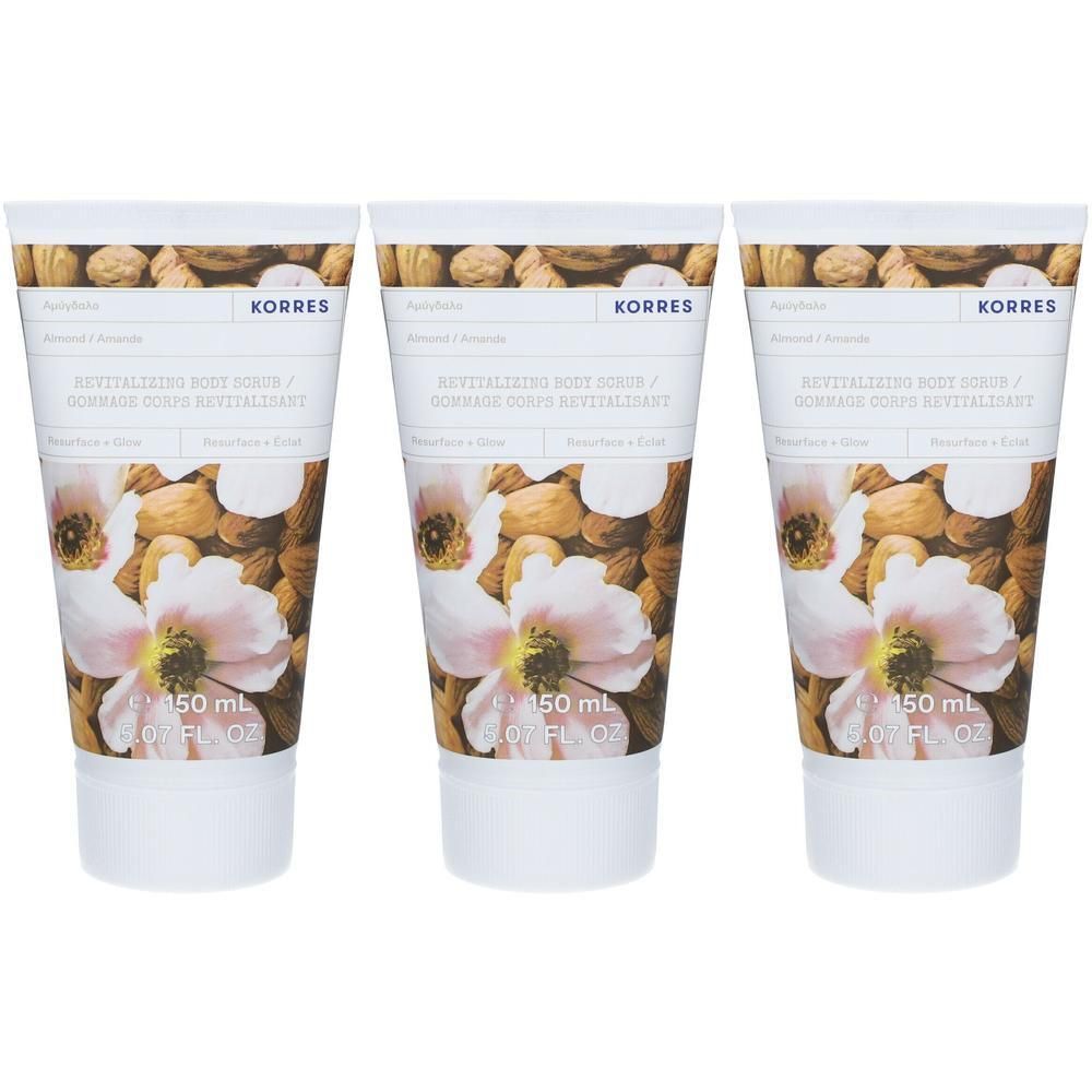 Trois tubes de gommage corps revitalisant Korres avec motif amande et fleur.