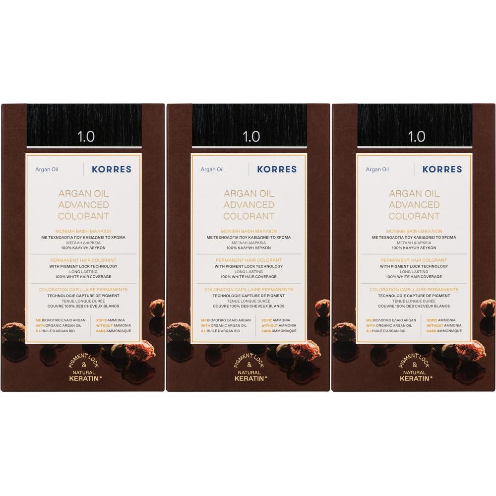 Trois boîtes de Korres Argan Oil Advanced Colorant 1.0 Noir.