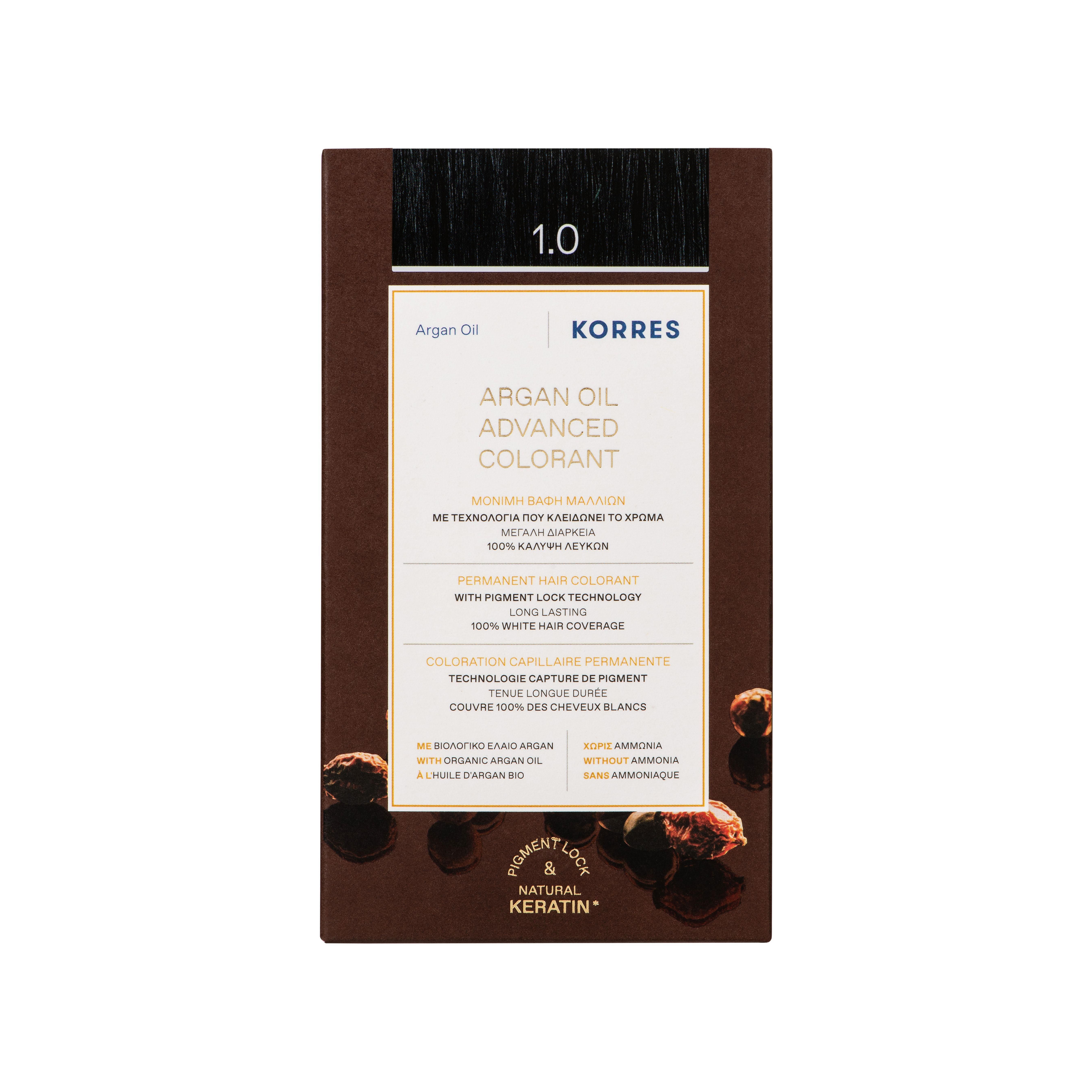 Emballage de coloration capillaire Korres Argan Oil Advanced Colorant 1.0 Noir.