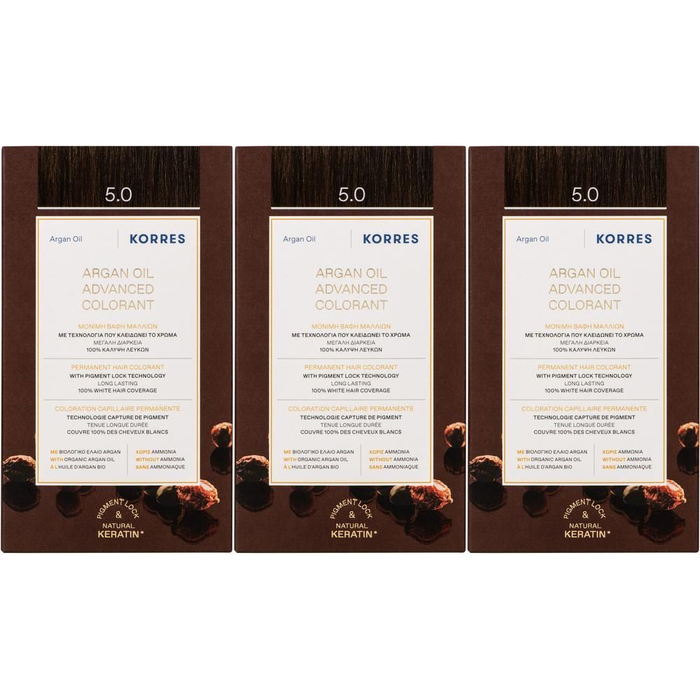 Trois boîtes de Korres Argan Oil Advanced Colorant 5.0 Châtain Clair.