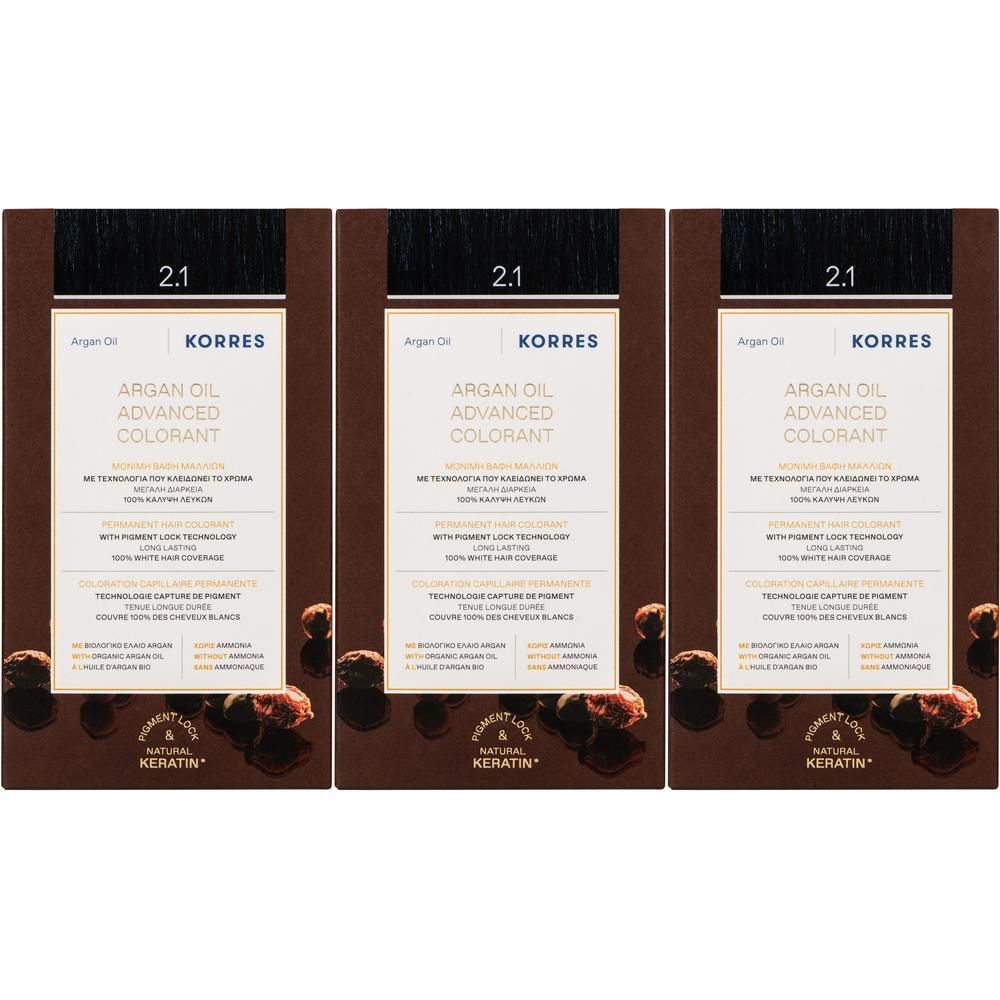 Drie pakken Korres Argan Oil Advanced Colorant 2.1 Blauw Zwart.