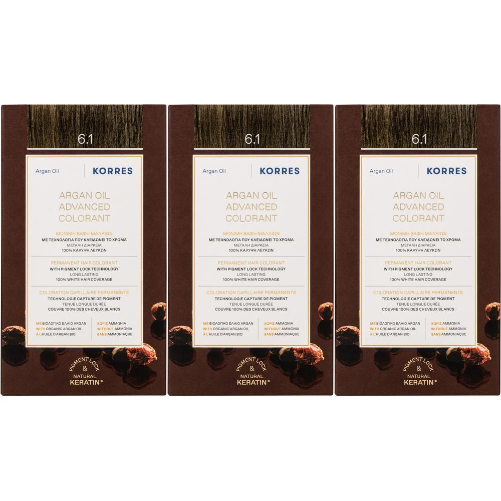 Drie pakken Korres Argan Oil Advanced Colorant 6.1 Asblond Donkerblond.
