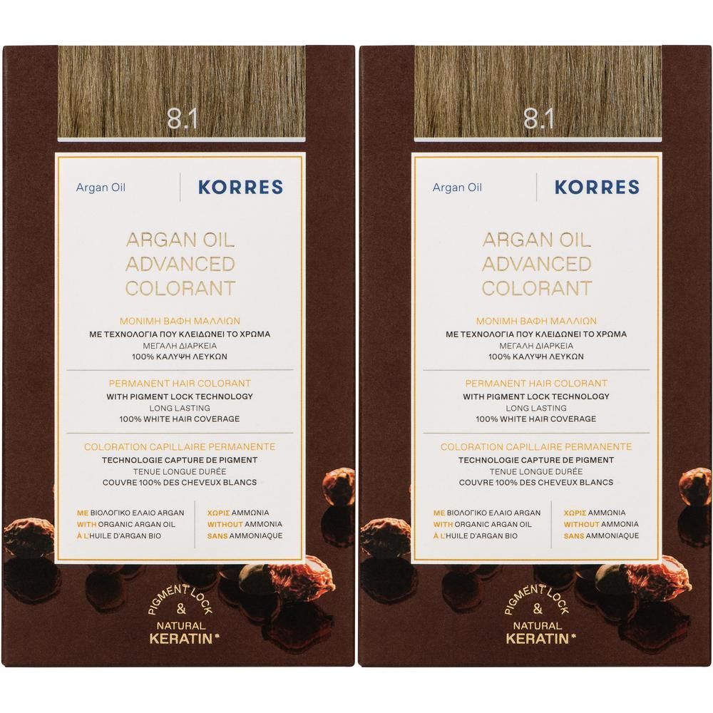 Twee pakken Korres Argan Oil Advanced Colorant 8.1 Asblond.