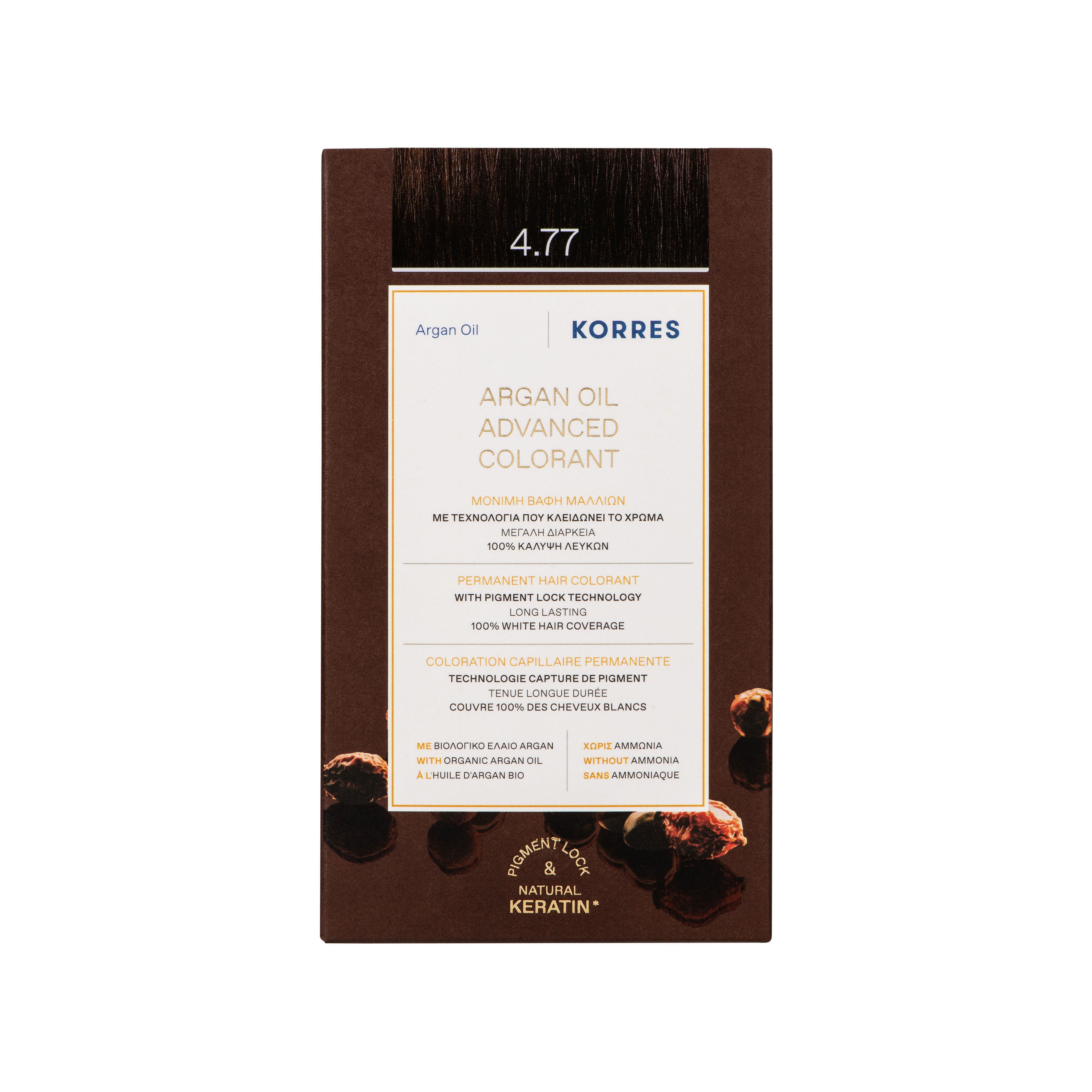 Verpakking van Korres Argan Oil Advanced Colorant 4.77 Dark Chocolate, met arganolie en keratine.