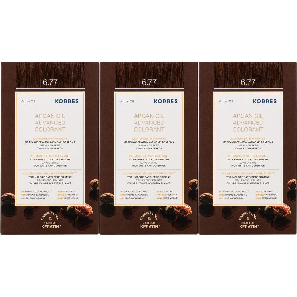 Trois boîtes de Korres Argan Oil Advanced Colorant 6.77 Gianduja, vue de face.