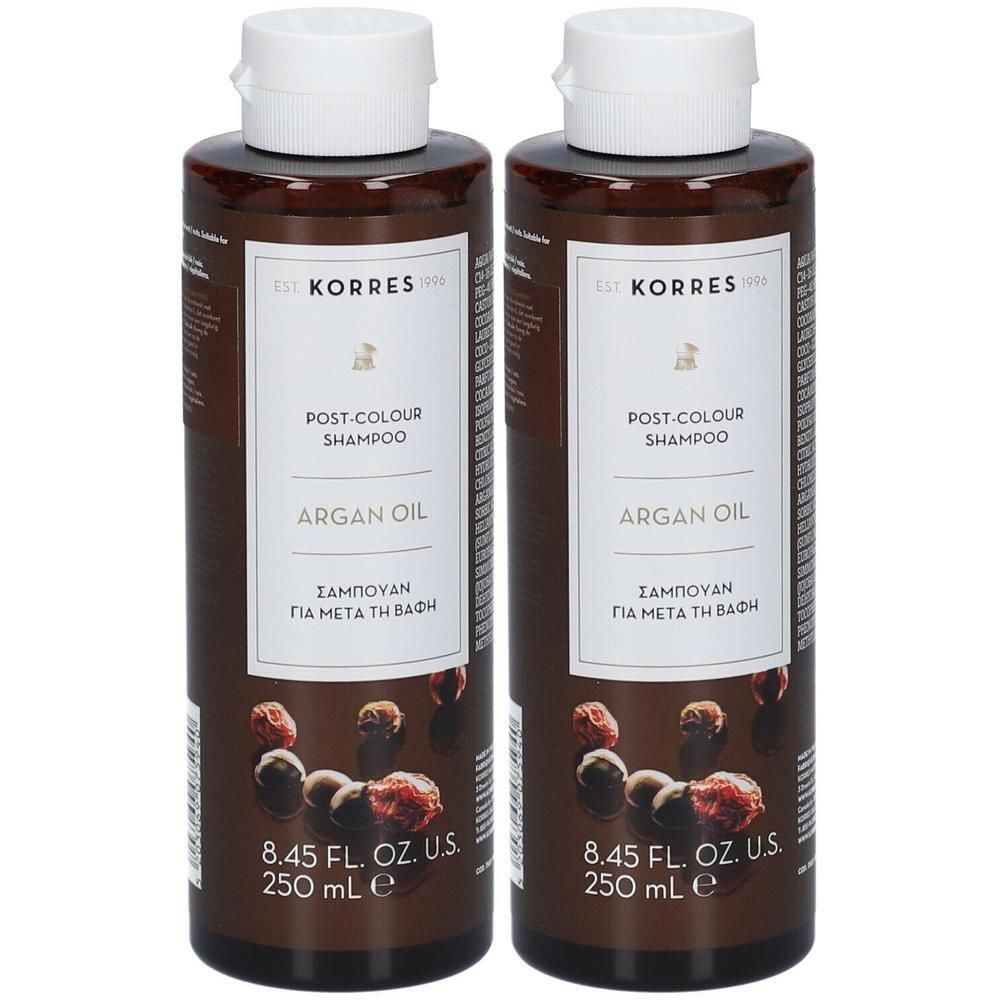 Deux bouteilles de Shampooing Après-Couleur à l'Huile d'Argan Korres, 250 ml chacune.