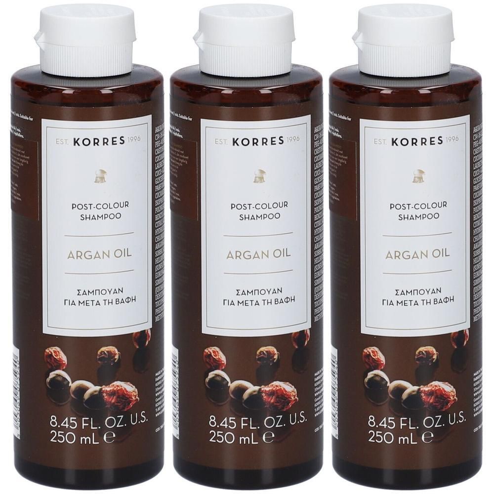 Drie flessen Korres Argan Oil Post-Colour Shampoo, elk 250 ml.