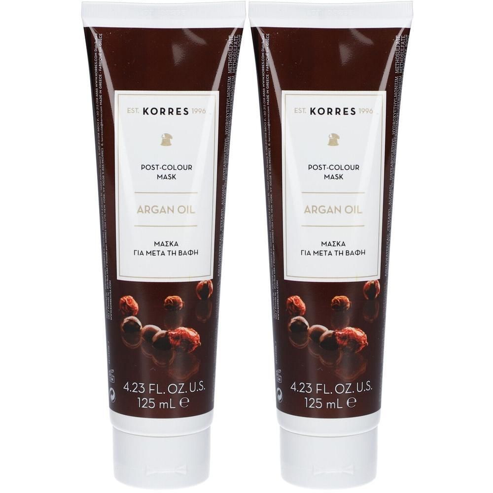 Deux tubes de Korres Argan Oil Post-Colour Mask, 125 ml chacun.