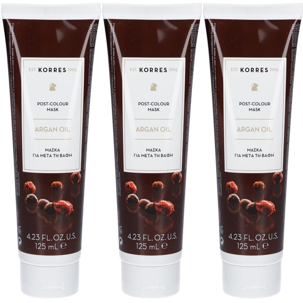 Trois tubes de masque post-coloration à l'huile d'argan Korres, 125 ml chacun.