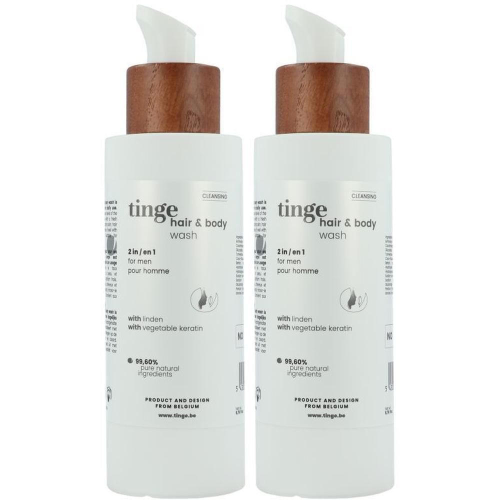 Deux flacons de Tinge 2-en-1 Hair & Body Wash pour hommes, avec bouchon en bois.