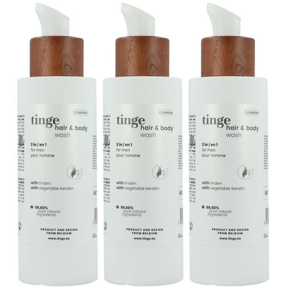 Trois flacons blancs de Tinge 2-en-1 Hair & Body Wash pour hommes, avec bouchon en bois.