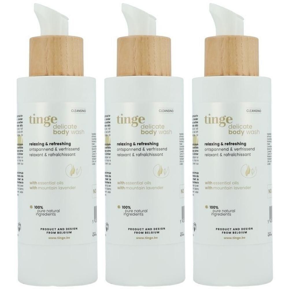 Drie flessen Tinge Bodywash met pompdosering en houten dop.
