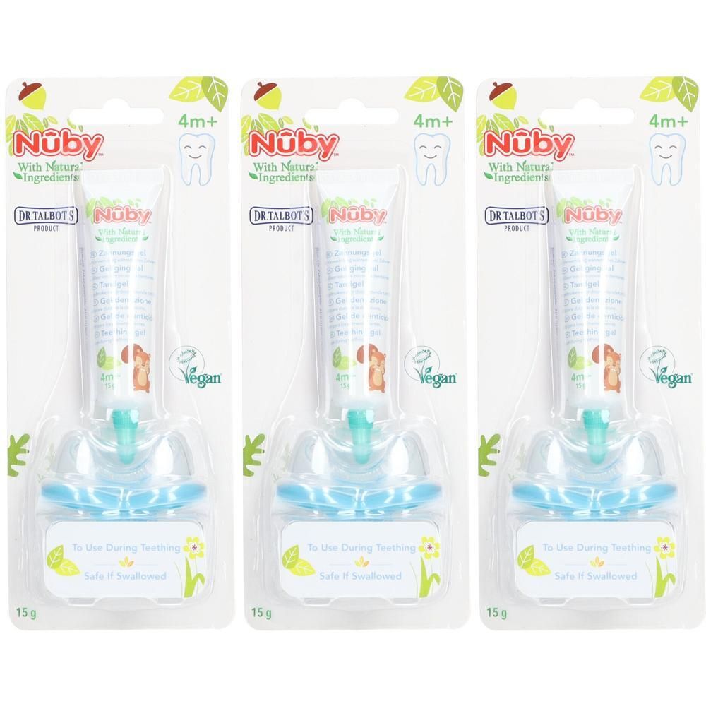 Trois paquets de gel dentaire Nûby pour bébés dès 4 mois, ingrédients naturels.