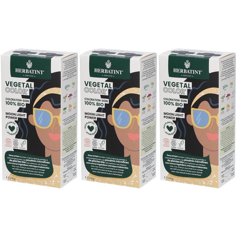 Drie dozen Herbatint Vegetal Color, 100% Bio, Moon Light Power, met Ayurvedische planten.