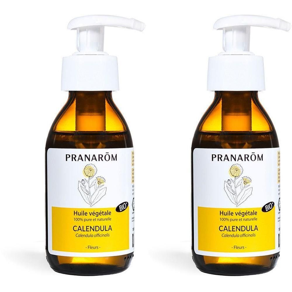 Deux flacons d'huile végétale Pranarôm Calendula Bio avec pompes.