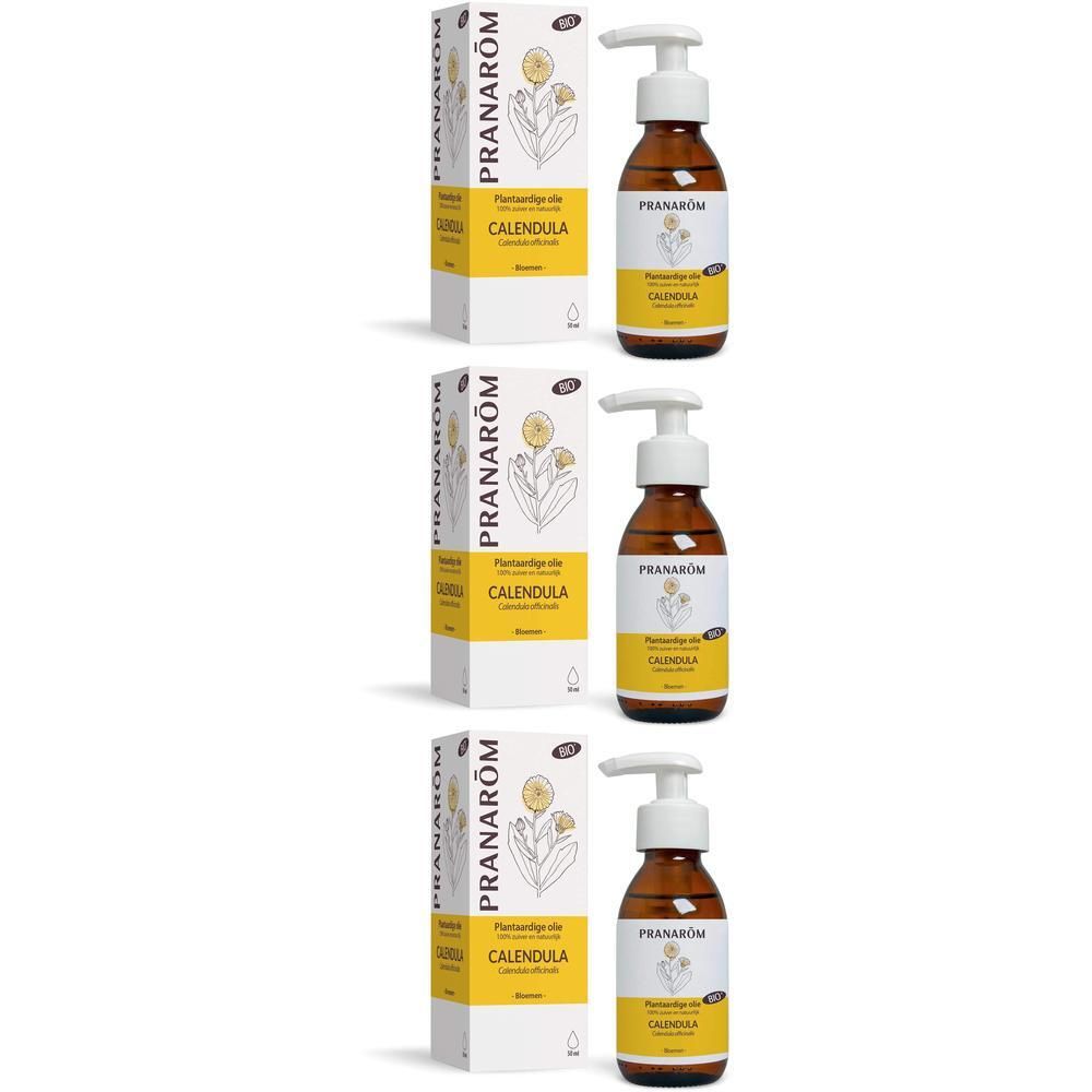 Drie bruine glazen flessen met pompdosering, gevuld met Pranarôm Calendula Bio plantaardige olie.