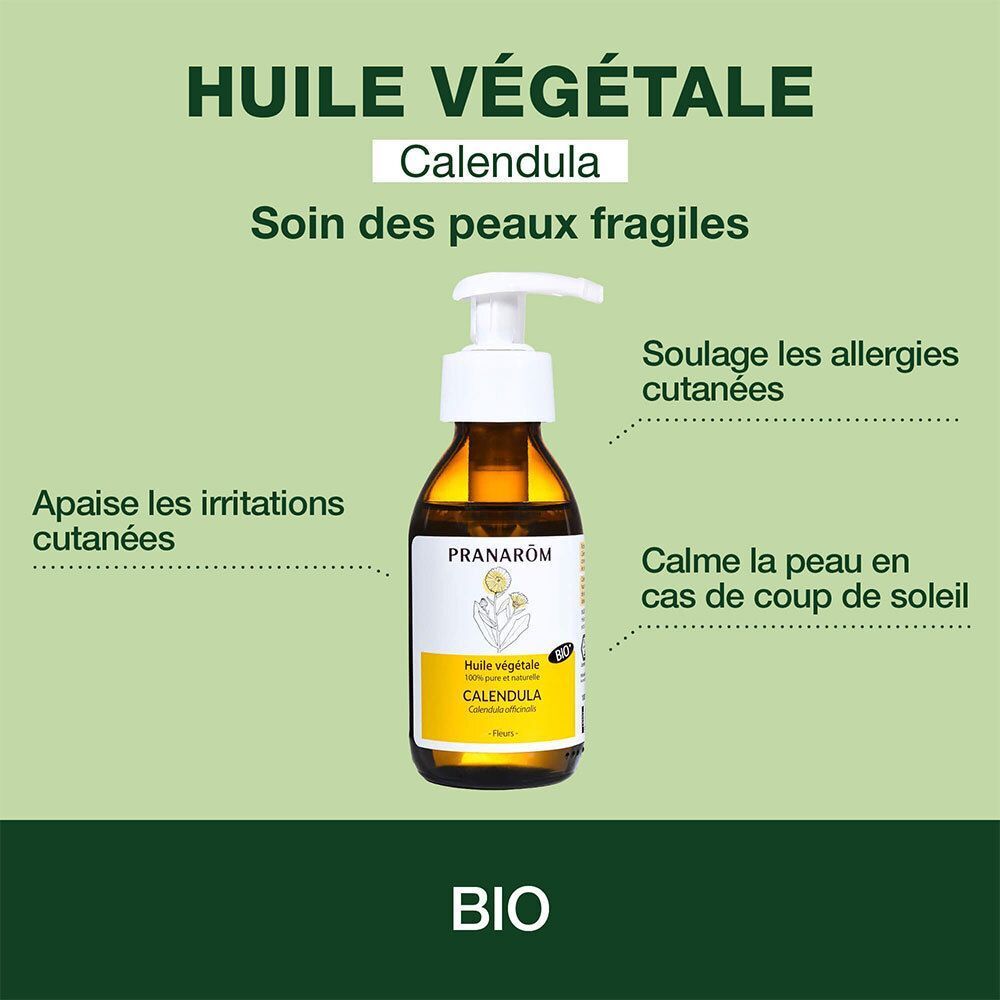 Flacon d'Huile Végétale Calendula Bio Pranarôm avec distributeur à pompe. Pour peaux fragiles.