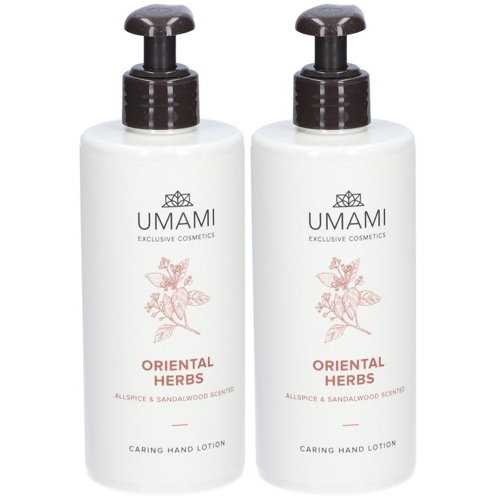 Deux flacons pompe blancs UMAMI Oriental Herbs Lotion pour les mains.