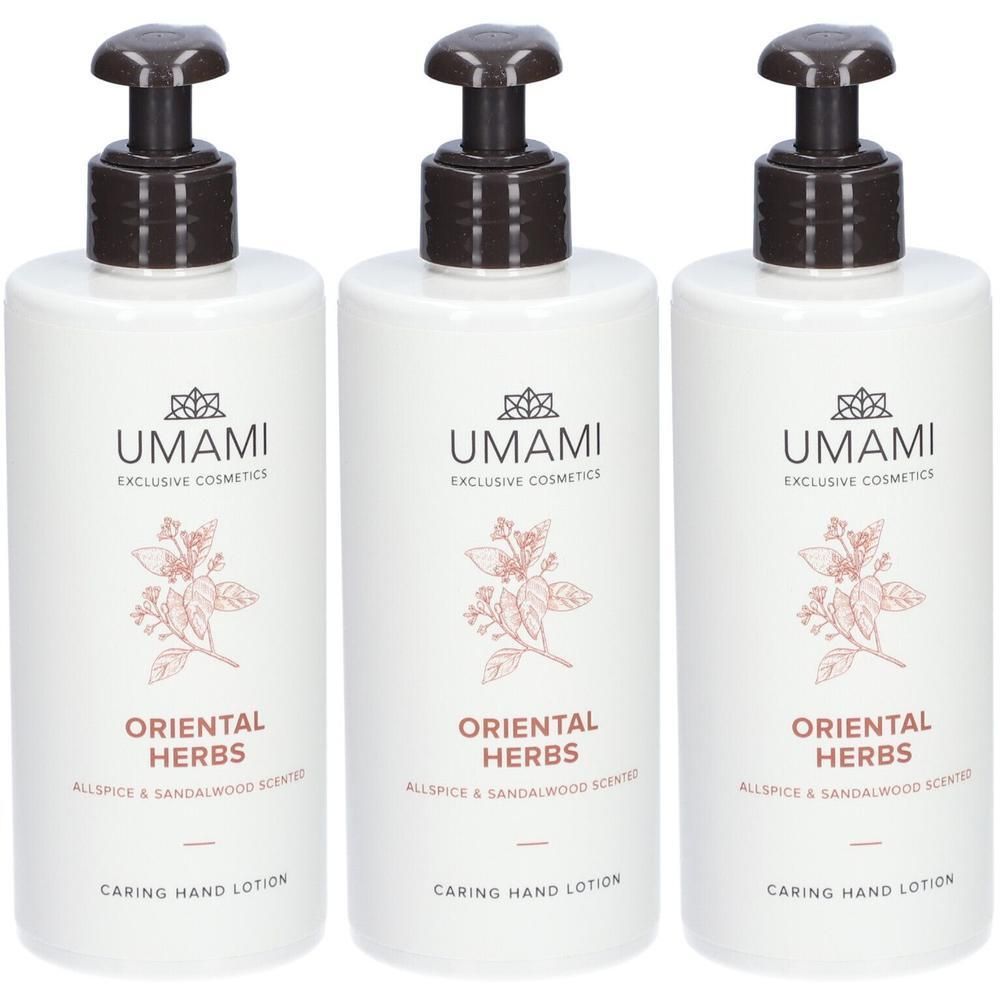 Trois flacons pompe blancs UMAMI Oriental Herbs lotion pour les mains avec têtes de pompe brunes et illustrations botaniques.