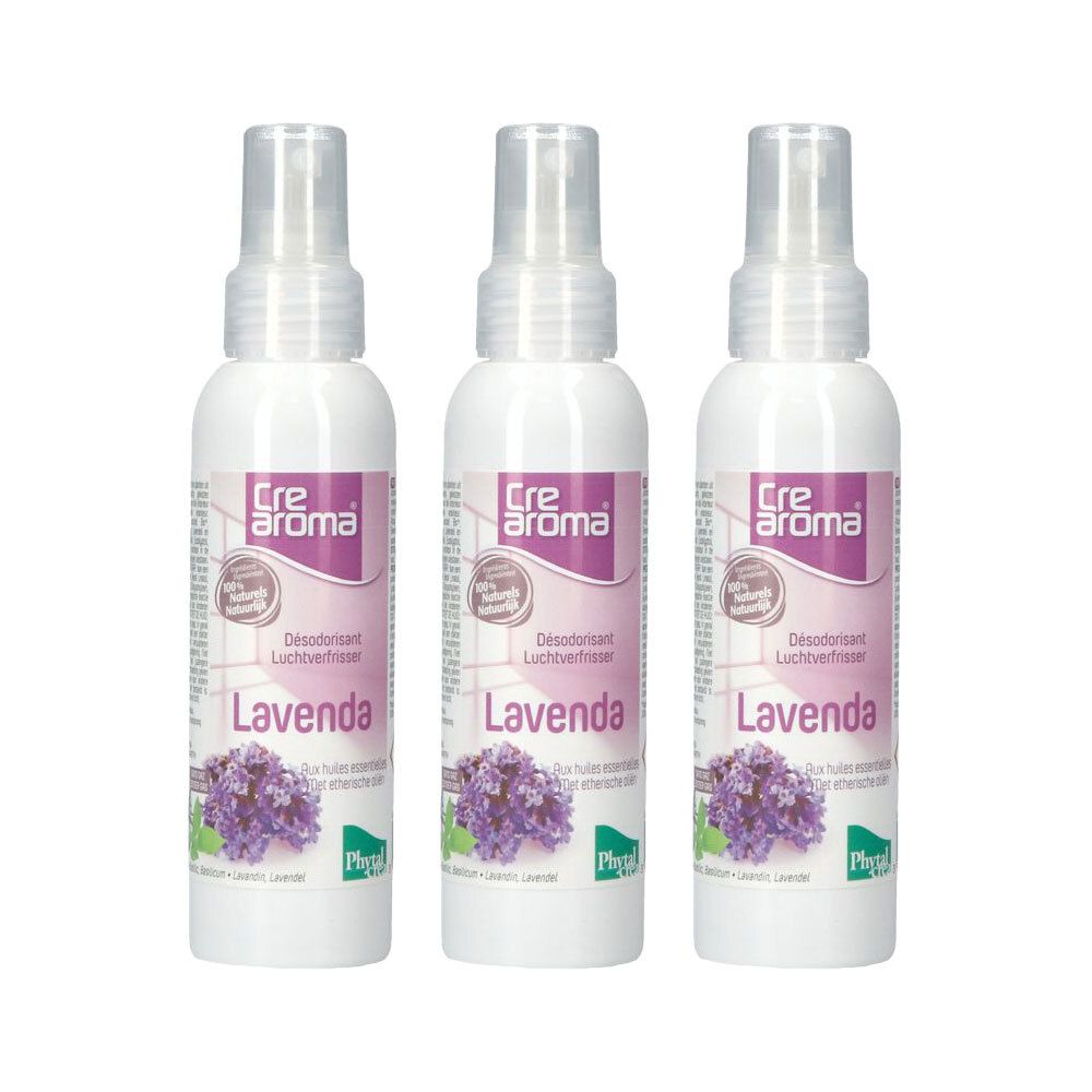 Trois flacons de désodorisant Lavande Crearoma avec vaporisateur. Illustration de fleurs de lavande.