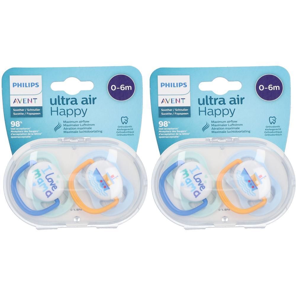 Deux sucettes Philips Avent Ultra Air pour 0-6 mois dans un étui transparent.