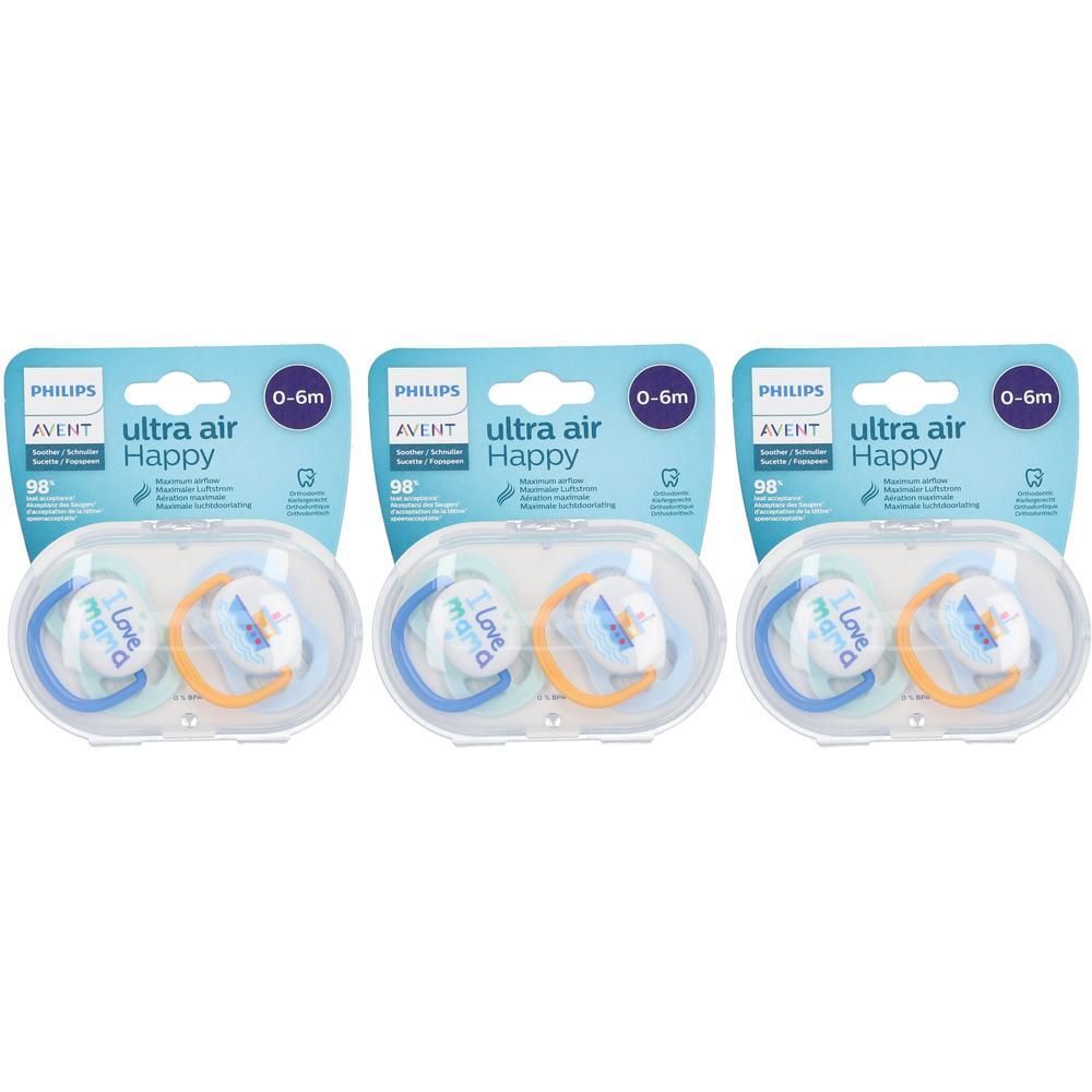 Drie Philips Avent Ultra Air fopspenen voor 0-6 maanden, per twee verpakt met beschermkapje.