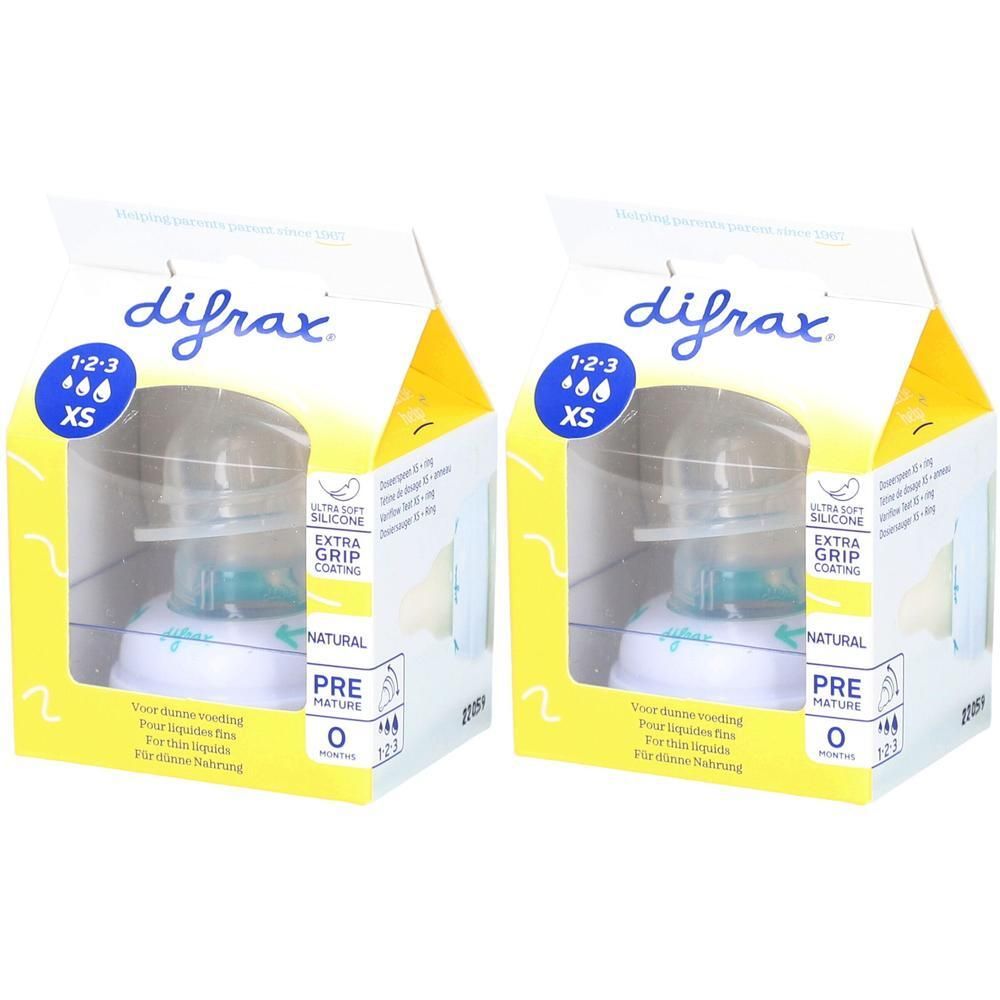 Deux emballages Difrax Tétine Doseuse XS avec revêtement anti-glisse pour nouveau-nés.