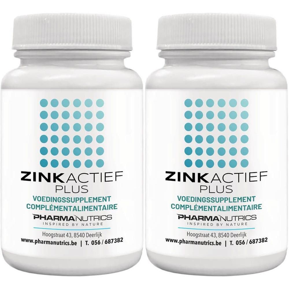 Twee witte flessen Zink Actief Plus voedingssupplement. Blauwe puntpatronen op de etiketten.
