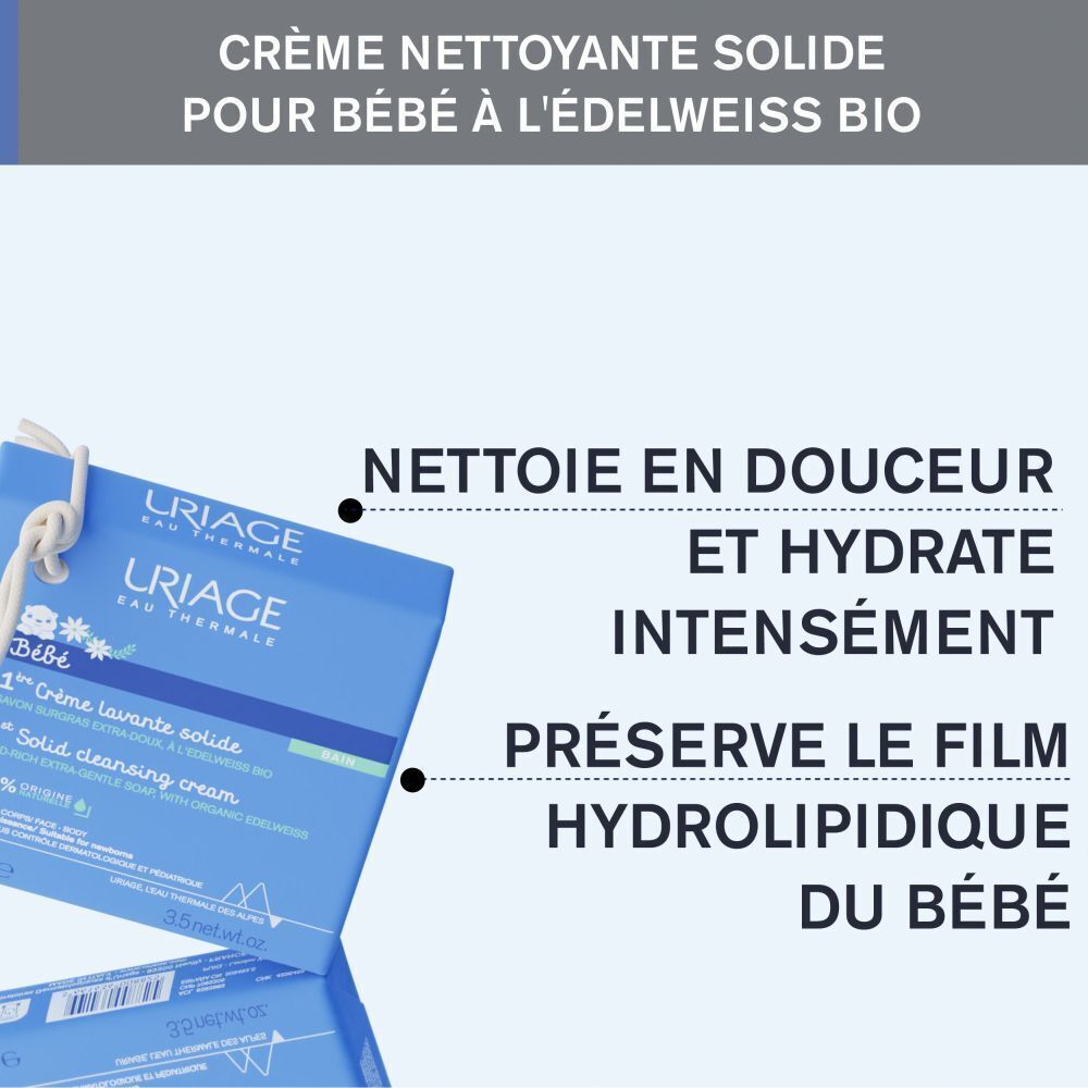 Gros plan sur l'emballage de la crème lavante solide. Texte: "Nettoie en douceur et hydrate intensément".
