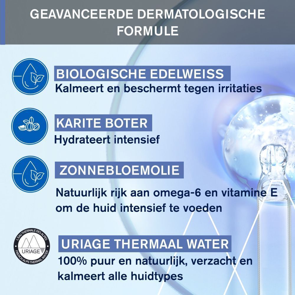 Iconen en tekst leggen de ingrediënten uit: Biologische Edelweiss, Karitéboter, Zonnebloemolie, Thermaal Water.