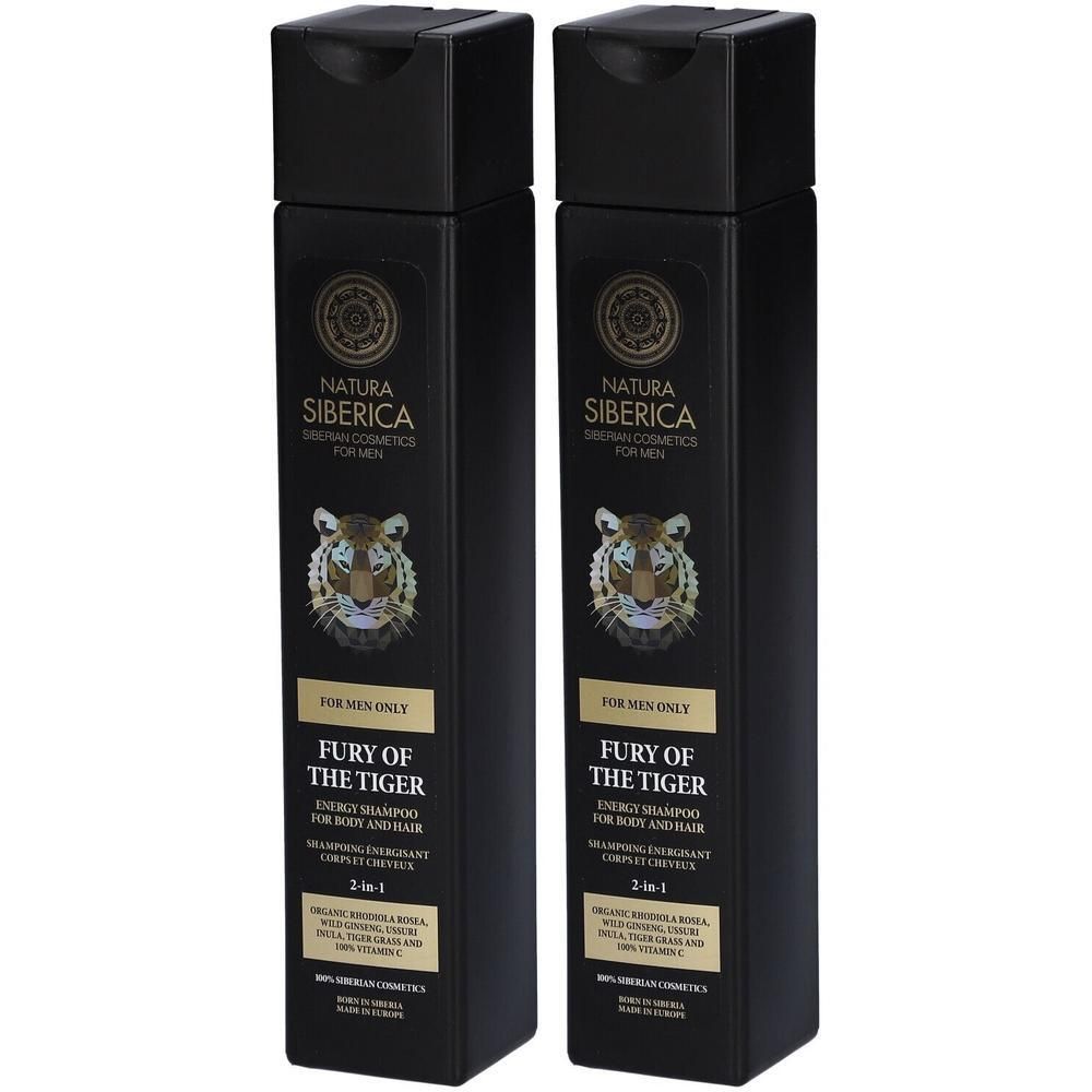 Twee zwarte flessen Natura Siberica "Fury of the Tiger" Energie Shampoo voor Lichaam en Haar.