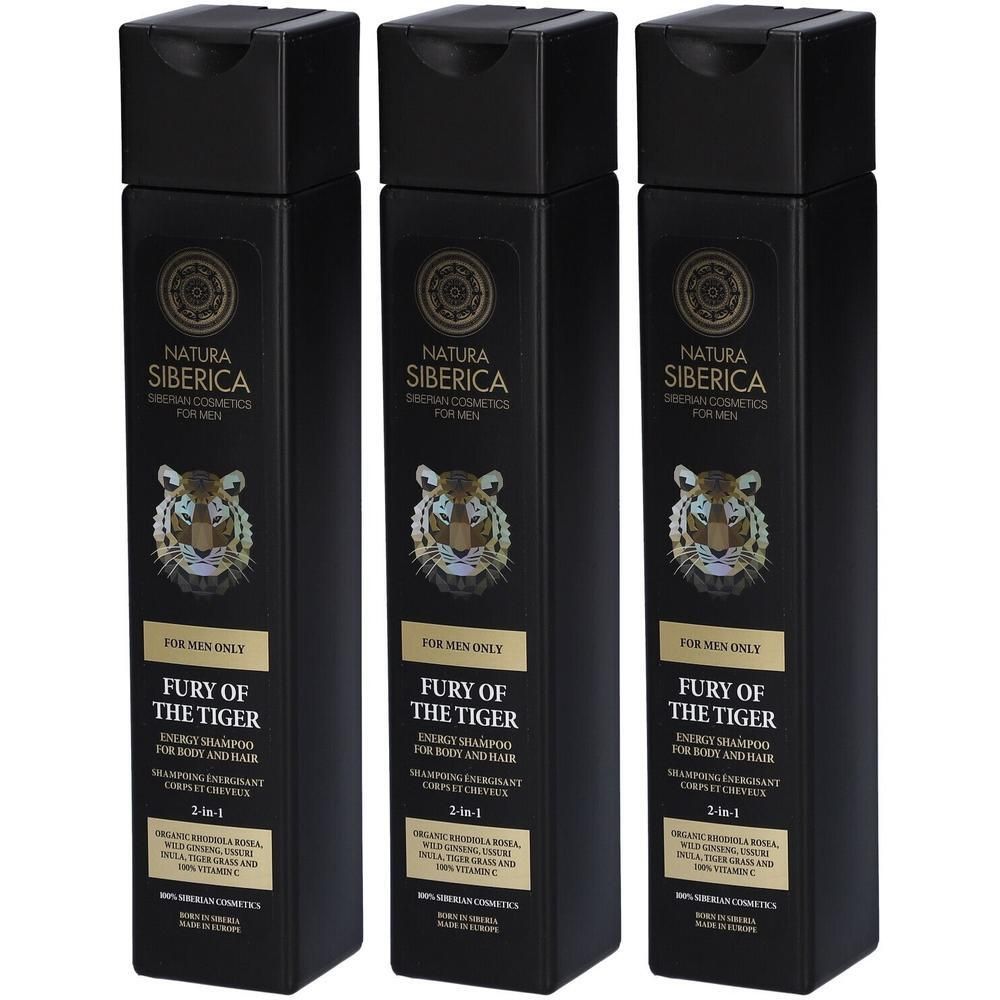 Drie zwarte flessen Natura Siberica "Fury of the Tiger" Energie Shampoo voor Mannen.