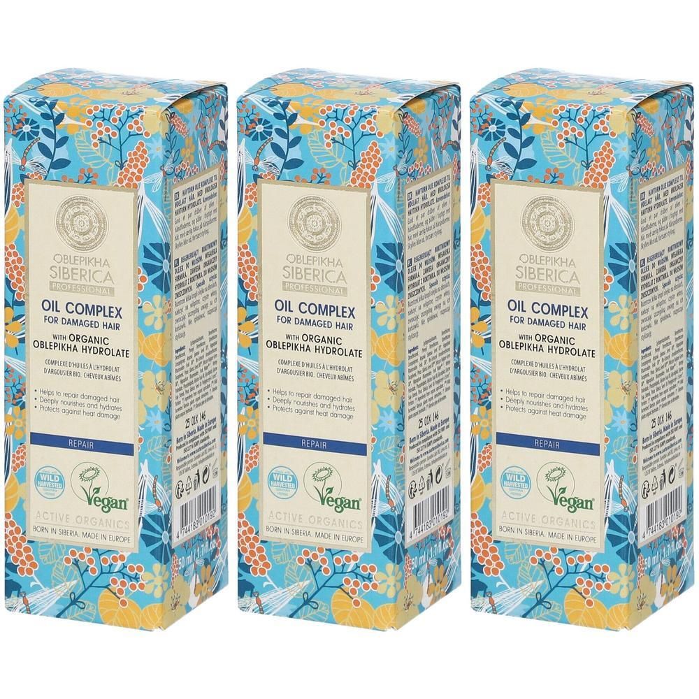 Drie dozen Natura Siberica Oliecomplex voor beschadigd haar met biologisch duindoornhydrolaat.