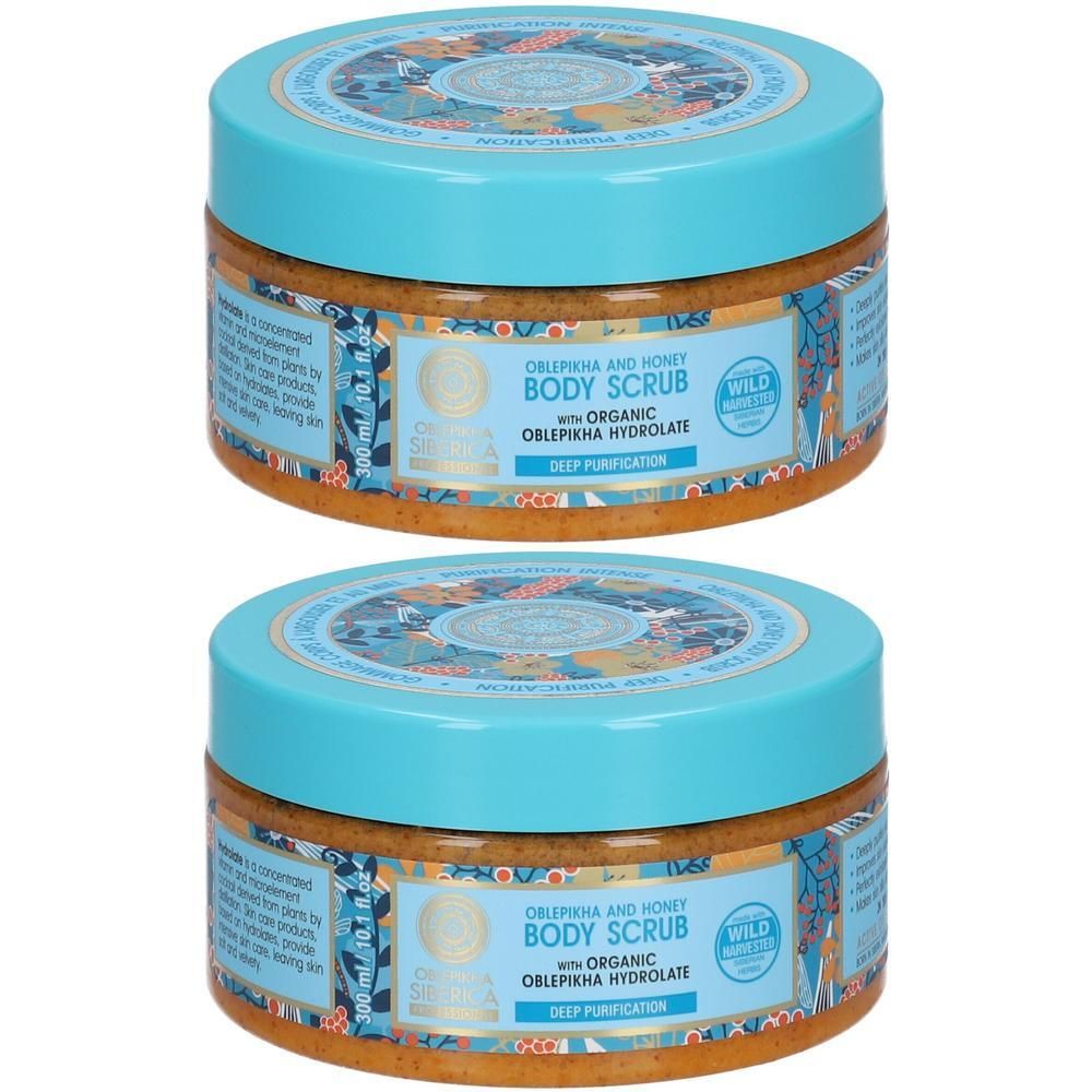 Twee potten Natura Siberica Body Scrub, Oblepikha & Honing.
