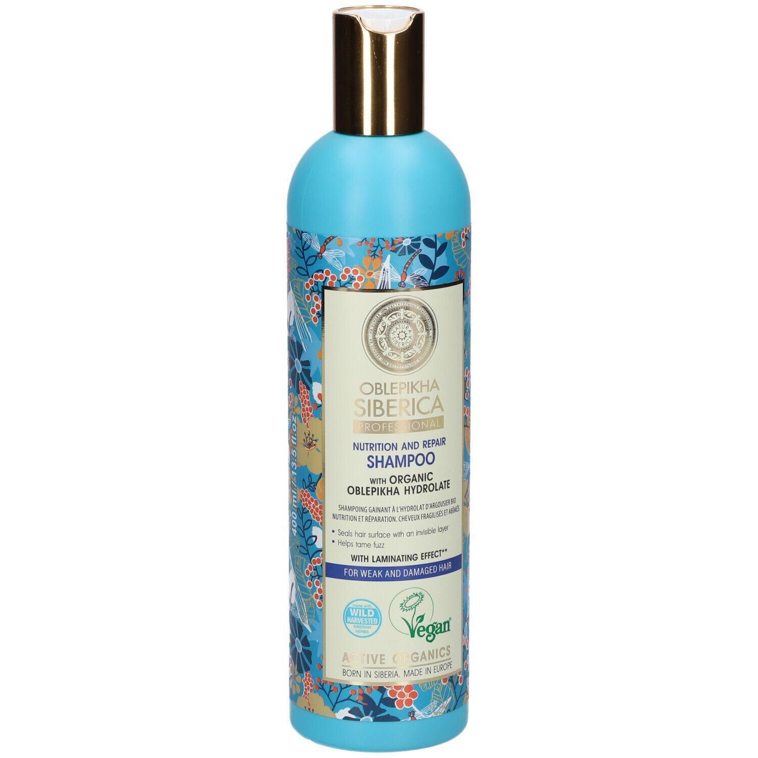 Fles Oblepikha Siberica Nutrition and Repair shampoo met gouden dop en blauw etiket.