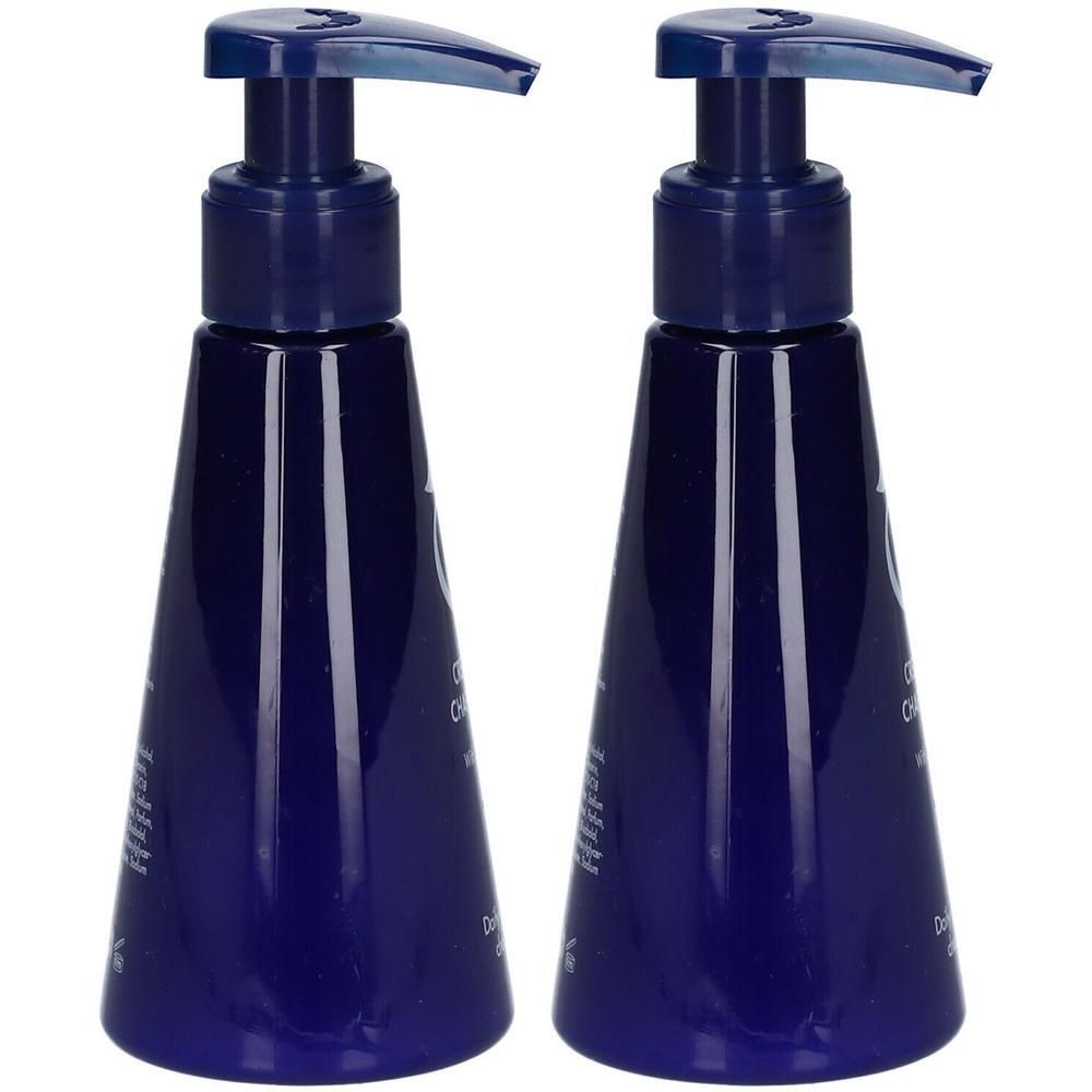 Deux flacons pompe bleus avec distributeurs.