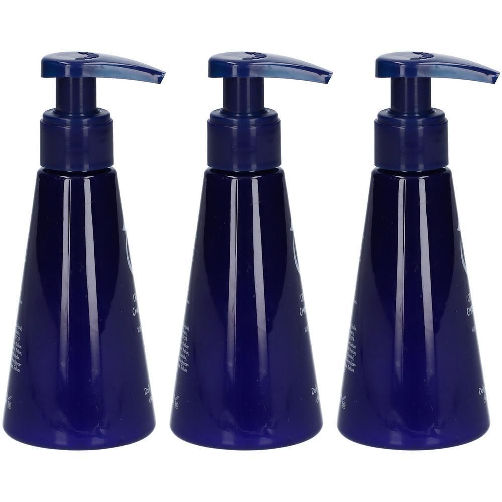 Drie donkerblauwe pompflesjes met taps toelopende body en blauwe pompkop.