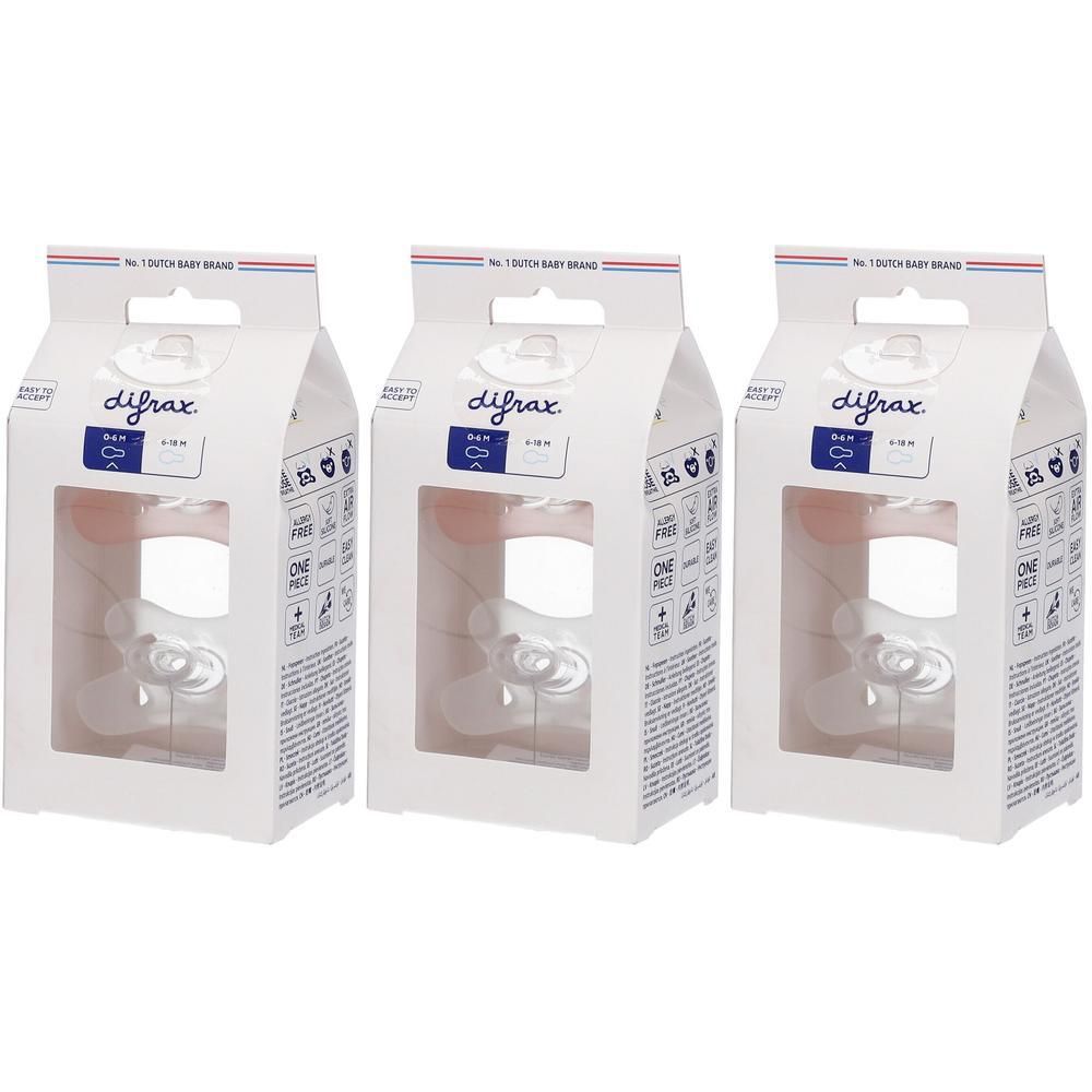 Trois sucettes Difrax blanches, 0-6 mois, en emballages individuels.