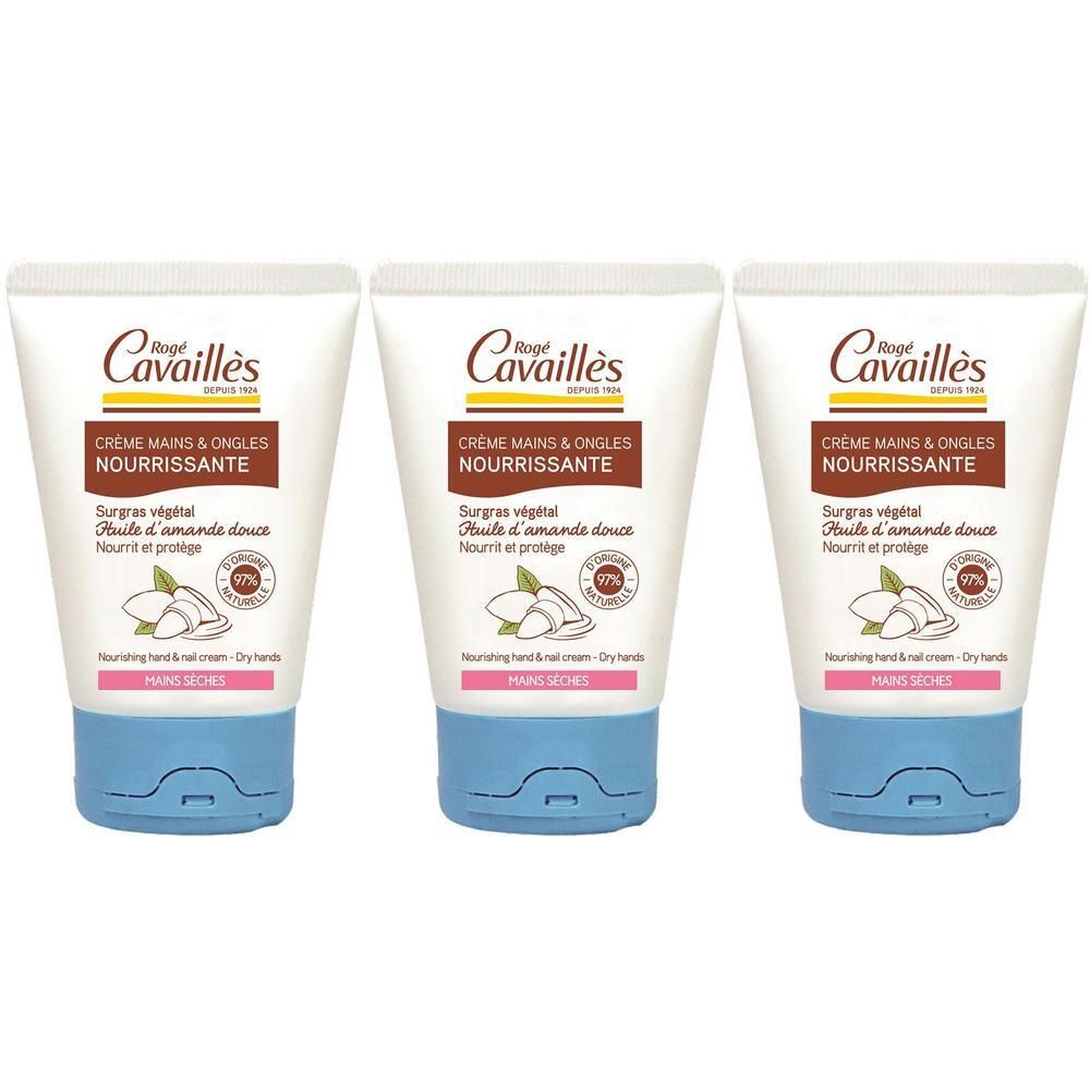 Drie tubes Rogé Cavaillès hand- en nagelcrème met amandelolie.