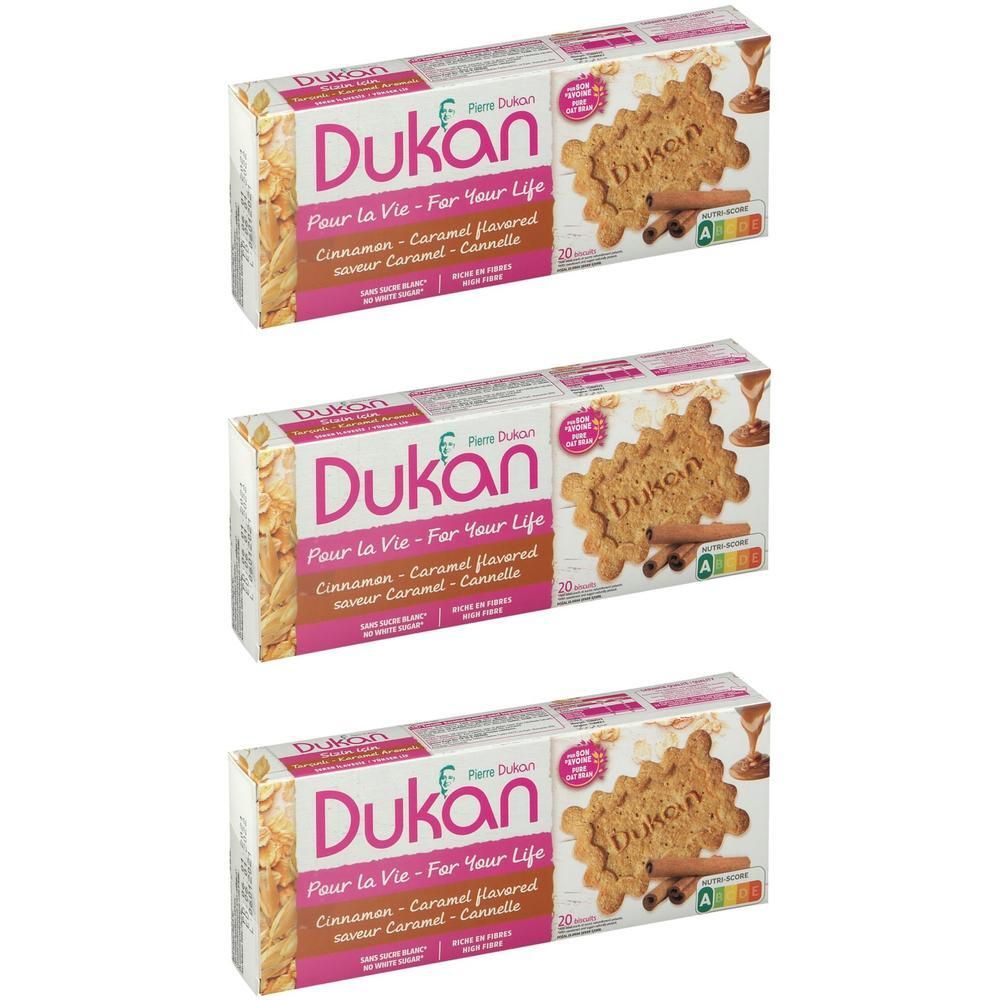 Trois paquets de biscuits Dukan saveur caramel-cannelle.