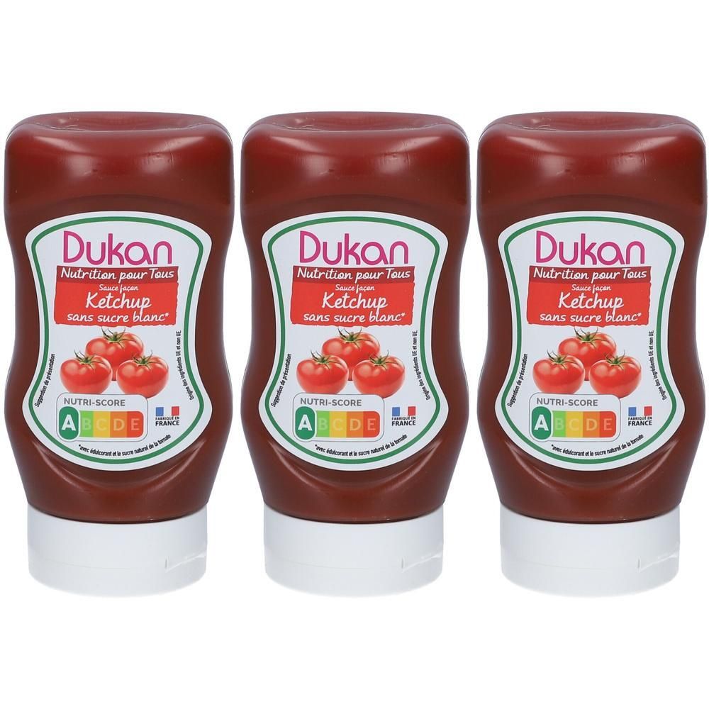 Trois bouteilles de ketchup Dukan sans sucre, avec image de tomates et Nutri-Score A.