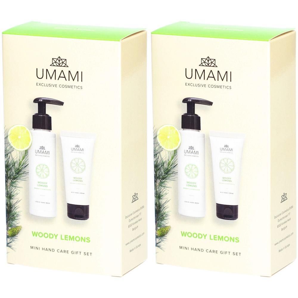 Coffret cadeau UMAMI Woody Lemons pour les mains avec flacon pompe et tube.