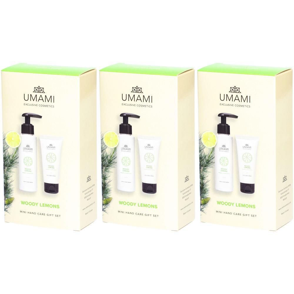 Trois coffrets cadeaux UMAMI Woody Lemons Mini Soin des Mains. Chaque coffret contient un savon pour les mains avec distributeur et une crème pour les mains.