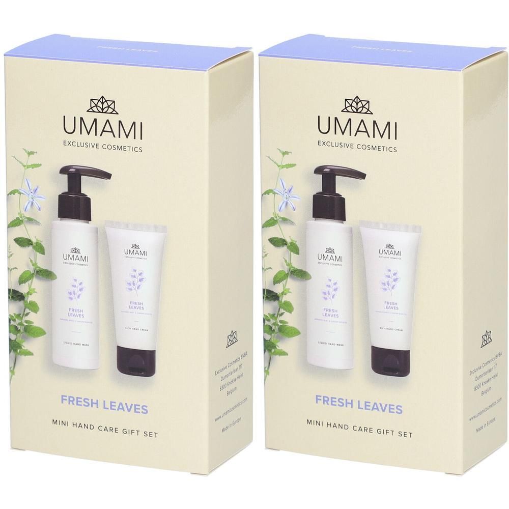 UMAMI Fresh Leaves Mini Handverzorgingscadeauset met pompdispenser en handcrème.